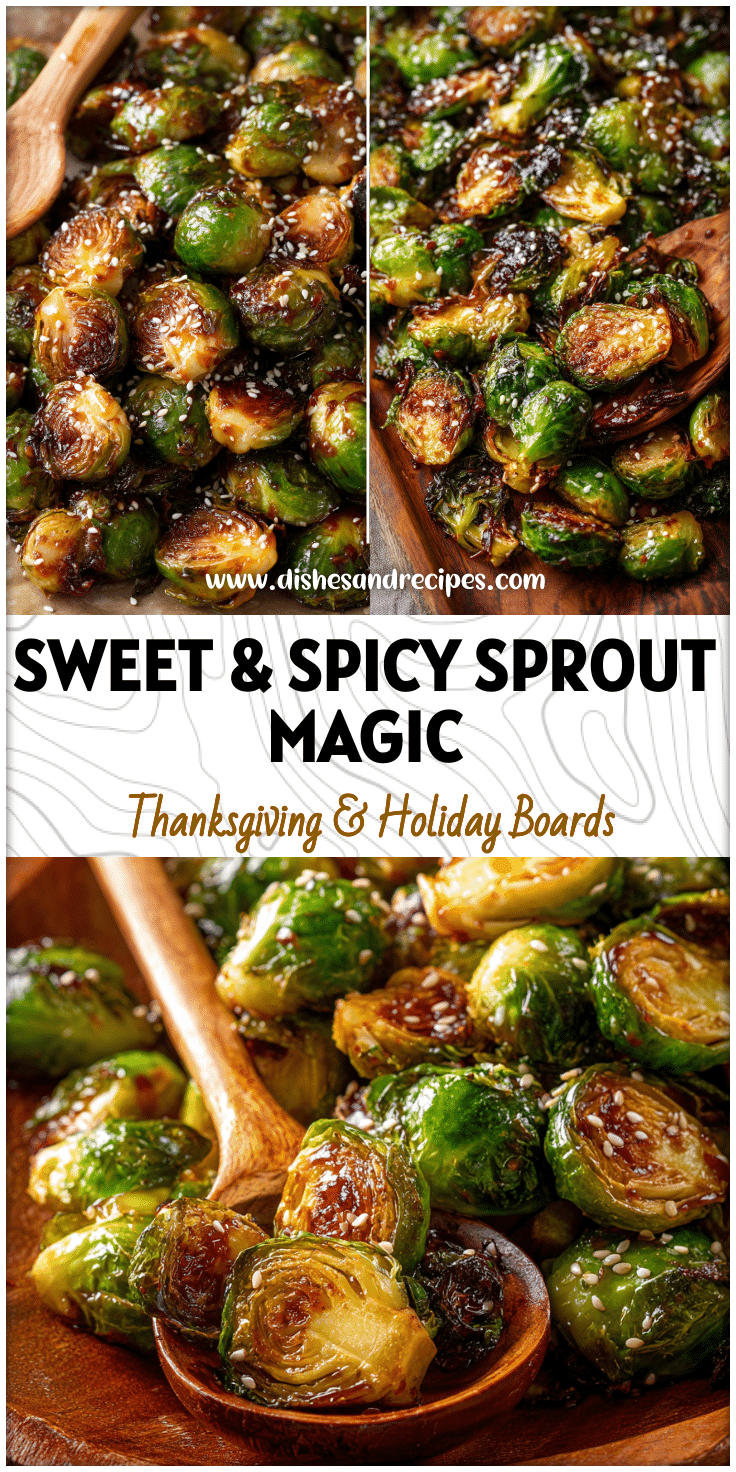 Close‑up of honey sriracha glazed roasted brussels sprouts sprinkled with sesame seeds on a serving platter.